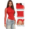 image:imageMANGOPOP Womens Ruched Mock Neck Mesh Long Sleeve Sheer Thong BodysuitsRed