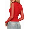 image:imageMANGOPOP Womens Ruched Mock Neck Mesh Long Sleeve Sheer Thong BodysuitsRed