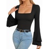 image:imageMANGOPOP Womens Square Neck Bell Sleeve Long Sleeve Bodysuit Fall Top01 Black