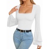 image:imageMANGOPOP Womens Square Neck Bell Sleeve Long Sleeve Bodysuit Fall Top02 White