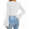 image:imageMANGOPOP Womens Square Neck Bell Sleeve Long Sleeve Bodysuit Fall Top02 White