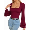 image:imageMANGOPOP Womens Square Neck Bell Sleeve Long Sleeve Bodysuit Fall TopBurgundy