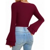 image:imageMANGOPOP Womens Square Neck Bell Sleeve Long Sleeve Bodysuit Fall TopBurgundy