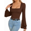 image:imageMANGOPOP Womens Square Neck Bell Sleeve Long Sleeve Bodysuit Fall TopCoffee