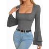 image:imageMANGOPOP Womens Square Neck Bell Sleeve Long Sleeve Bodysuit Fall TopDark Heather Grey