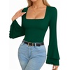 image:imageMANGOPOP Womens Square Neck Bell Sleeve Long Sleeve Bodysuit Fall TopDeep Green