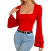 image:imageMANGOPOP Womens Square Neck Bell Sleeve Long Sleeve Bodysuit Fall TopRed