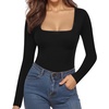 image:imageMANGOPOP Womens Square Neck Bodysuit Shirt Long Sleeve Short Sleeve Tops01 Black Long Sleeve
