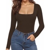 image:imageMANGOPOP Womens Square Neck Bodysuit Shirt Long Sleeve Short Sleeve Tops04 Coffee Long Sleeve