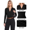 image:imageMANGOPOP Womens Wrap V Neck Ruched Long Sleeve Bodysuit Top01 Black