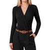 image:imageMANGOPOP Womens Wrap V Neck Ruched Long Sleeve Bodysuit Top01 Black