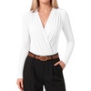 image:imageMANGOPOP Womens Wrap V Neck Ruched Long Sleeve Bodysuit Top02 White