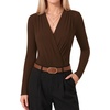 image:imageMANGOPOP Womens Wrap V Neck Ruched Long Sleeve Bodysuit TopCoffee
