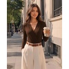 image:imageMANGOPOP Womens Wrap V Neck Ruched Long Sleeve Bodysuit TopCoffee