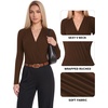 image:imageMANGOPOP Womens Wrap V Neck Ruched Long Sleeve Bodysuit TopCoffee