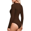 image:imageMANGOPOP Womens Wrap V Neck Ruched Long Sleeve Bodysuit TopCoffee