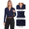 image:imageMANGOPOP Womens Wrap V Neck Ruched Long Sleeve Bodysuit TopNavy Blue