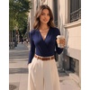 image:imageMANGOPOP Womens Wrap V Neck Ruched Long Sleeve Bodysuit TopNavy Blue