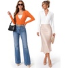 image:imageMANGOPOP Womens Wrap V Neck Ruched Long Sleeve Bodysuit TopOrange