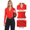 image:imageMANGOPOP Womens Wrap V Neck Ruched Long Sleeve Bodysuit TopRed