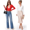image:imageMANGOPOP Womens Wrap V Neck Ruched Long Sleeve Bodysuit TopRed