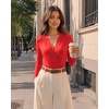 image:imageMANGOPOP Womens Wrap V Neck Ruched Long Sleeve Bodysuit TopRed