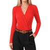 image:imageMANGOPOP Womens Wrap V Neck Ruched Long Sleeve Bodysuit TopRed