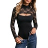 image:imageMANGOPOP Womens Lace Cut Out Mock Neck Long Sleeve Thong Bodysuit Fall Top01 Black