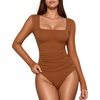 image:imageMANGOPOP Womens Mesh Long Sleeve Bodysuit Square Neck Ruched TopCoffee