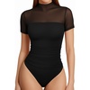 image:imageMANGOPOP Womens Mock Turtle Neck Bodysuit Mesh Sheer Long Short Sleeve Top01short Sleeve Black
