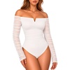 image:imageMANGOPOP Womens Off Shoulder Long Sleeve Ruched Mesh Sheer Thong Bodysuit02 White
