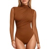 image:imageMANGOPOP Womens Ruched Mock Neck Mesh Long Sleeve Sheer Thong BodysuitsDark Coffee