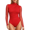 image:imageMANGOPOP Womens Ruched Mock Neck Mesh Long Sleeve Sheer Thong BodysuitsRed