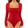 image:imageMANGOPOP Womens Sexy Square Neck Bodysuit Long Sleeve Body Suit Ribbed Going Out TopsRed