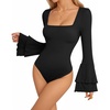 image:imageMANGOPOP Womens Square Neck Bell Sleeve Long Sleeve Bodysuit Fall Top01 Black