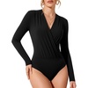 image:imageMANGOPOP Womens Wrap V Neck Ruched Long Sleeve Bodysuit Top01 Black