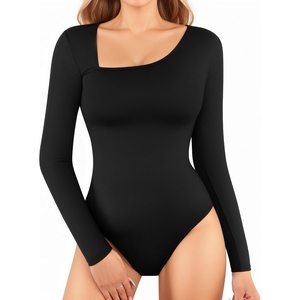 image:imageMANGOPOP Women Asymmetrical Neck Long Sleeve Basic T shirt Bodysuit TopsA01black