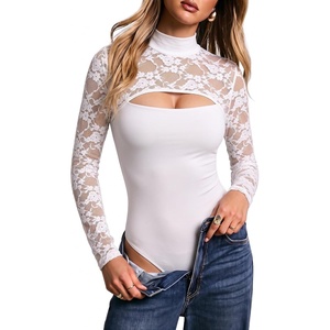 image:imageMANGOPOP Womens Lace Cut Out Mock Neck Long Sleeve Thong Bodysuit Fall Top02 White