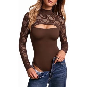 image:imageMANGOPOP Womens Lace Cut Out Mock Neck Long Sleeve Thong Bodysuit Fall TopBrown