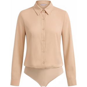 image:imageMANGOPOP Womens Long Sleeve Button Down Bodysuit Collared BlouseApricot