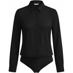 image:imageMANGOPOP Womens Long Sleeve Button Down Bodysuit Collared BlouseBlack