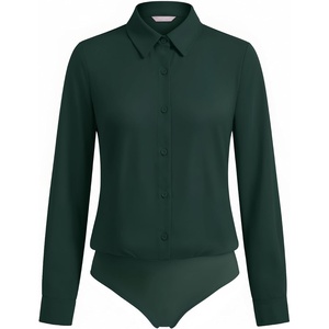image:imageMANGOPOP Womens Long Sleeve Button Down Bodysuit Collared BlouseDark Green