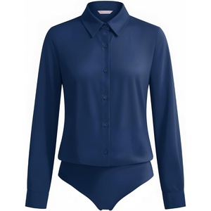 image:imageMANGOPOP Womens Long Sleeve Button Down Bodysuit Collared BlouseNavy Blue