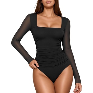 image:imageMANGOPOP Womens Mesh Long Sleeve Bodysuit Square Neck Ruched TopBlack