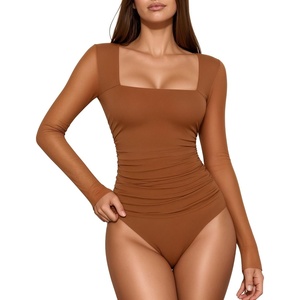 image:imageMANGOPOP Womens Mesh Long Sleeve Bodysuit Square Neck Ruched TopCoffee
