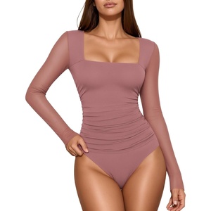 image:imageMANGOPOP Womens Mesh Long Sleeve Bodysuit Square Neck Ruched TopMarsala