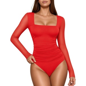 image:imageMANGOPOP Womens Mesh Long Sleeve Bodysuit Square Neck Ruched TopRed
