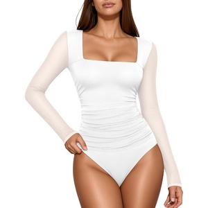 image:imageMANGOPOP Womens Mesh Long Sleeve Bodysuit Square Neck Ruched TopWhite