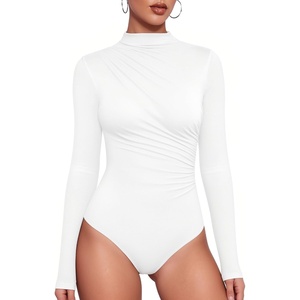 image:imageMANGOPOP Womens Mock Neck Long Sleeve Ruched Bodysuit Casual Fall Top 202602 White