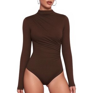 image:imageMANGOPOP Womens Mock Neck Long Sleeve Ruched Bodysuit Casual Fall Top 2026Coffee